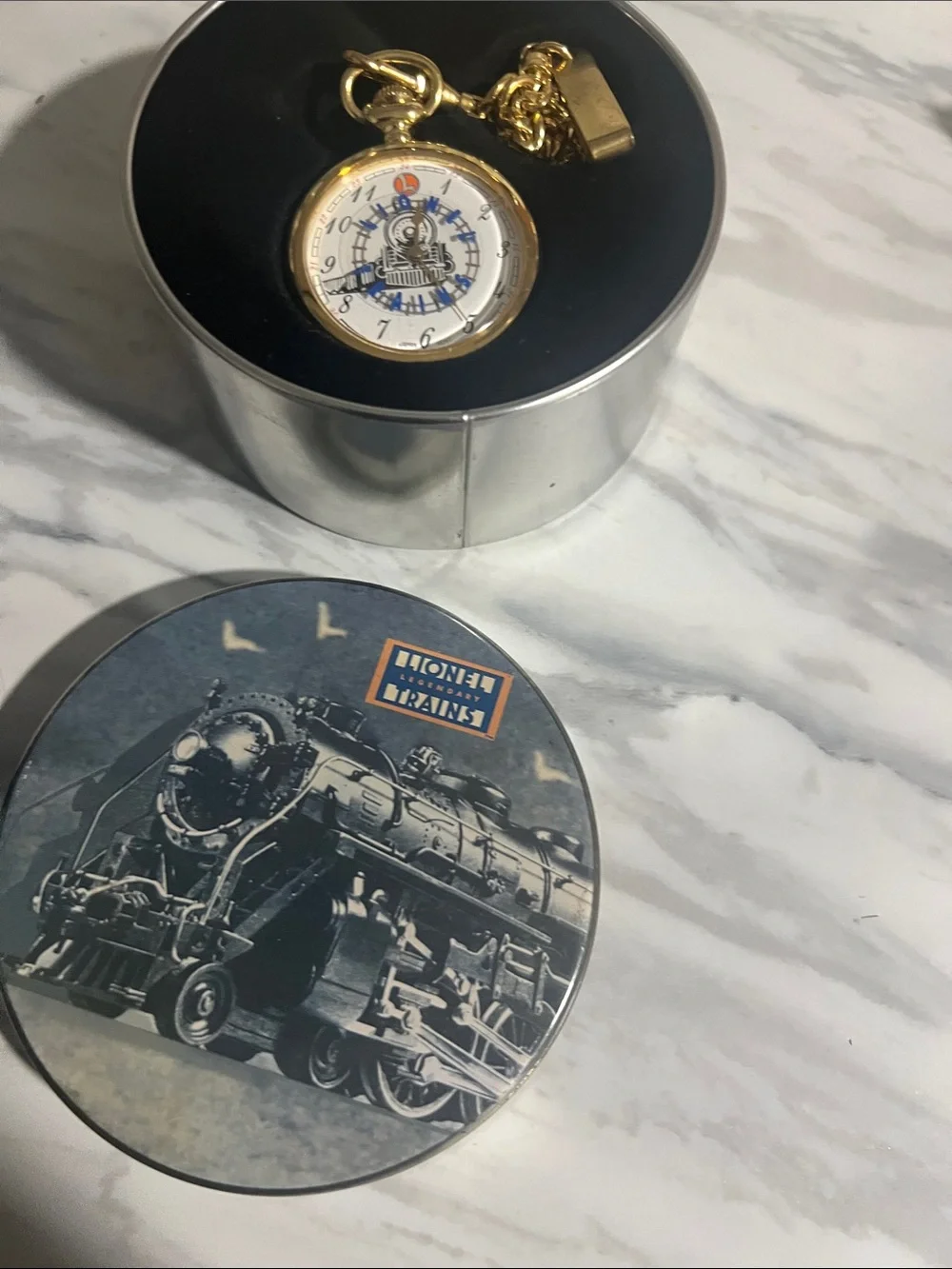 Gold Pocket Watch with Train Dial - Men Accessories